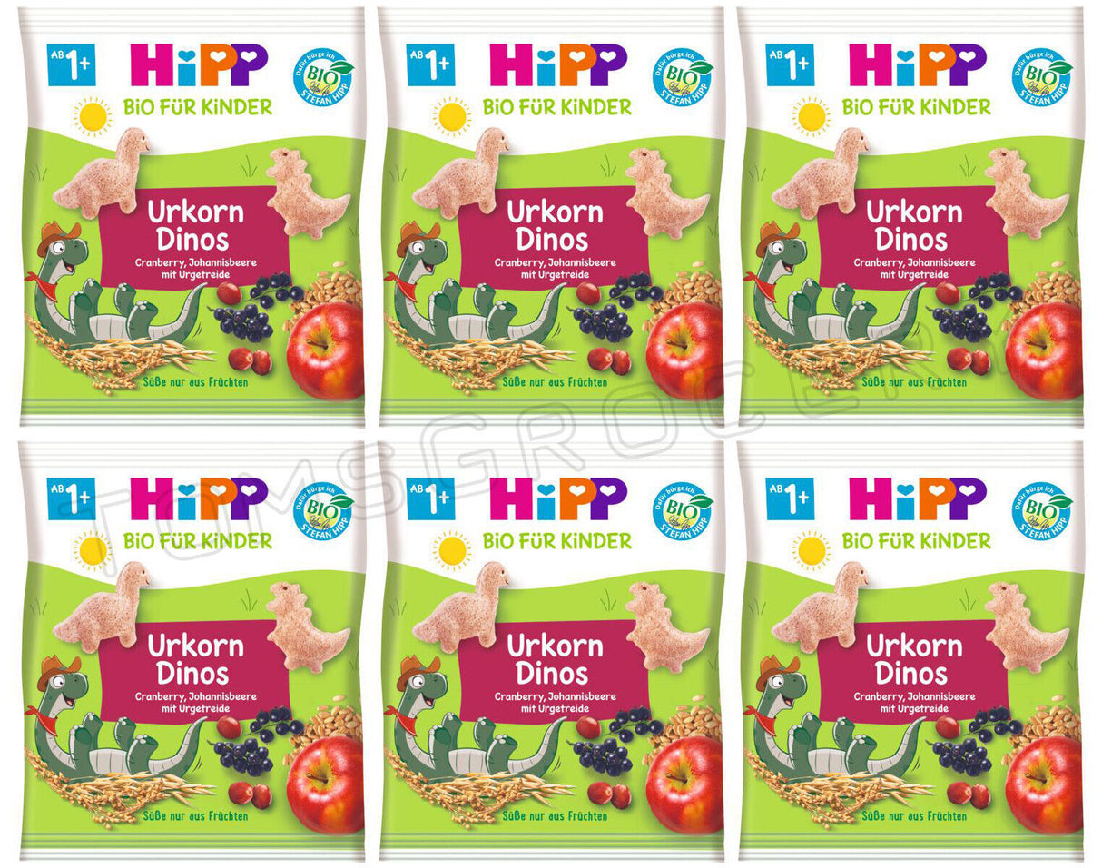 6 HIPP Organic Baby Cereal Snacks with Fruits Urkorn Dinos from 1 Year 30g