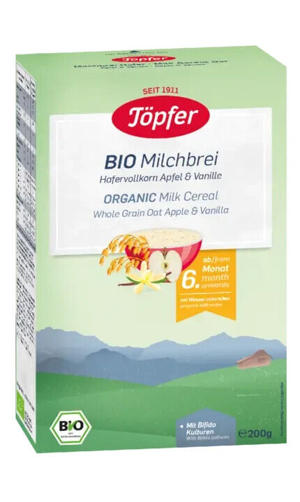 6 TOPFER ORGANIC Milk Cereal With Apple & Vanilla From 6 Months 200g 7oz