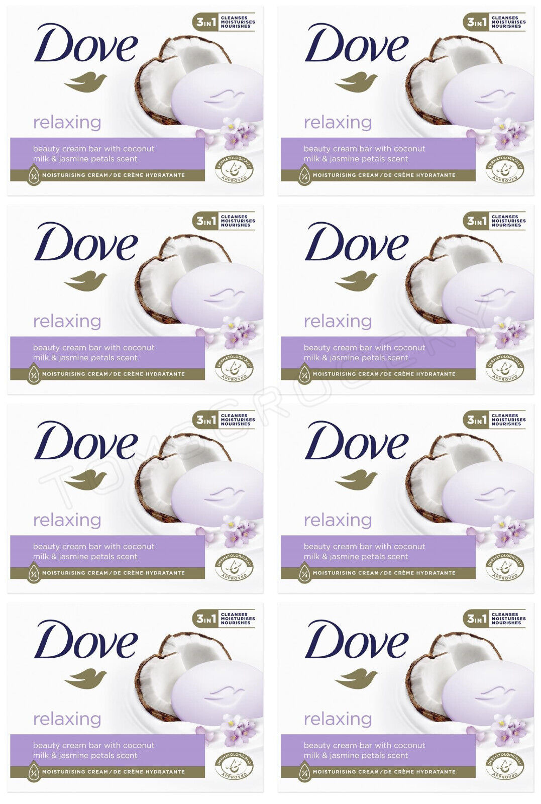 8 DOVE Relaxing Beauty Cream Bar with Coconut Milk & Jasmine Petals Scent 90g