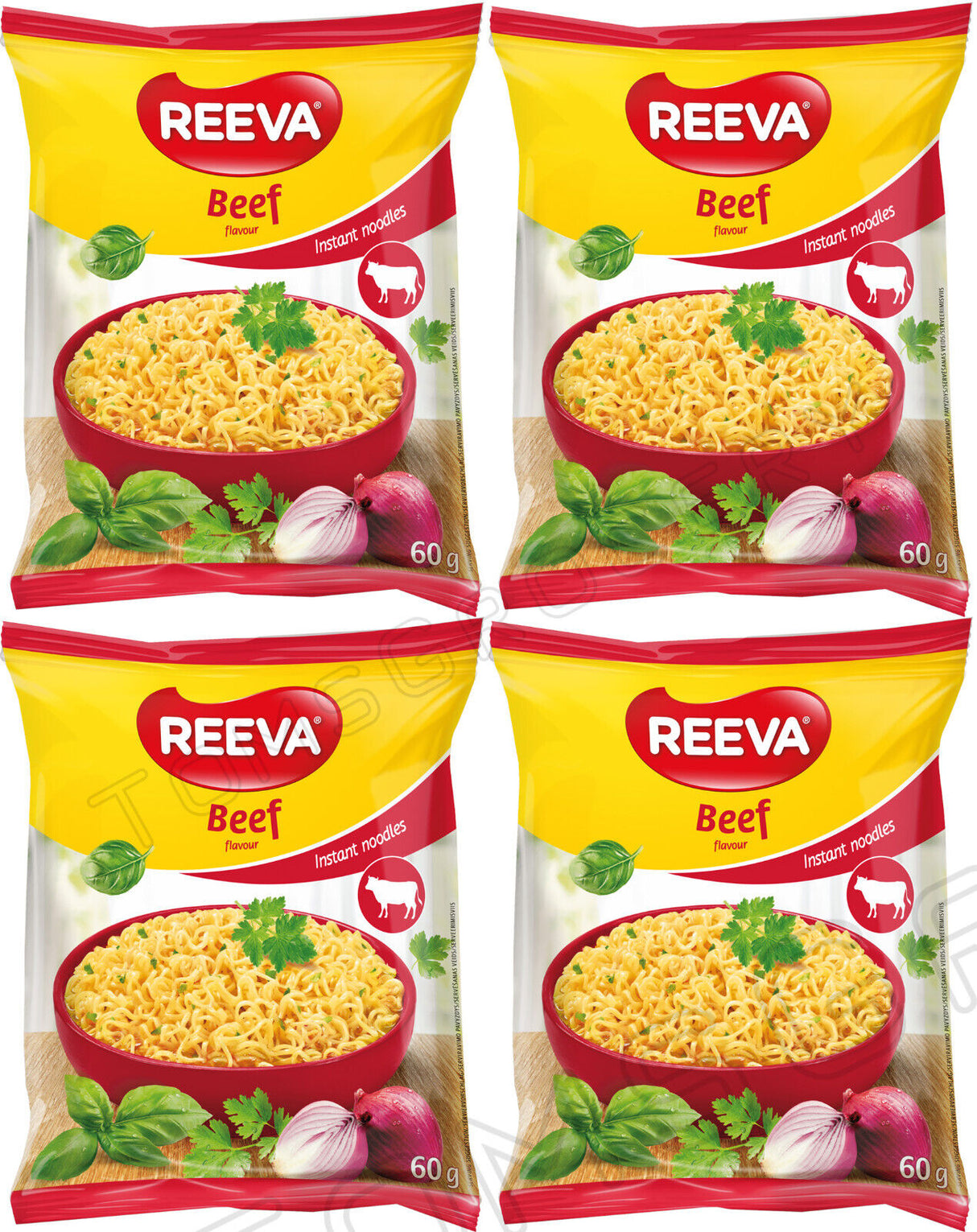4 REEVA BEEF Flavor Instant Ramen Noodle Soup Snacks (Rollton) 60g 2.2oz