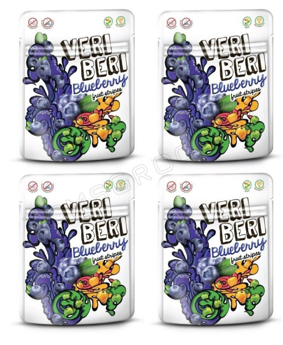 4 VERI BERI BLUEBERRY 100% Natural Vegan Sugar Free Gummy Stripes 50g 1.7oz