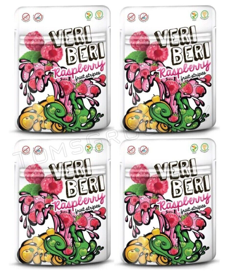 4 VERI BERI RASPBERRY 100% Natural Vegan Sugar Free Gummy Stripes 50g 1.7oz