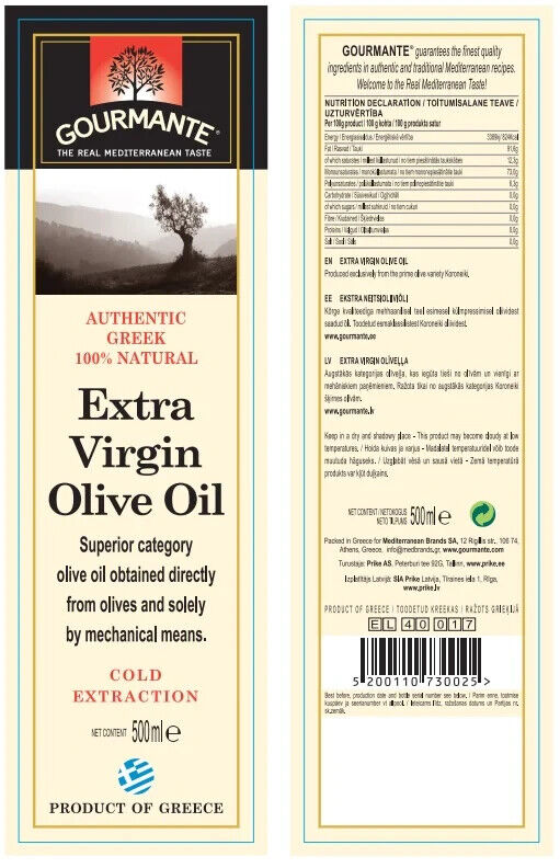 GOURMANTE EXTRA VIRGIN OLIVE OIL Glass Bottle 500ml 16.9fl oz