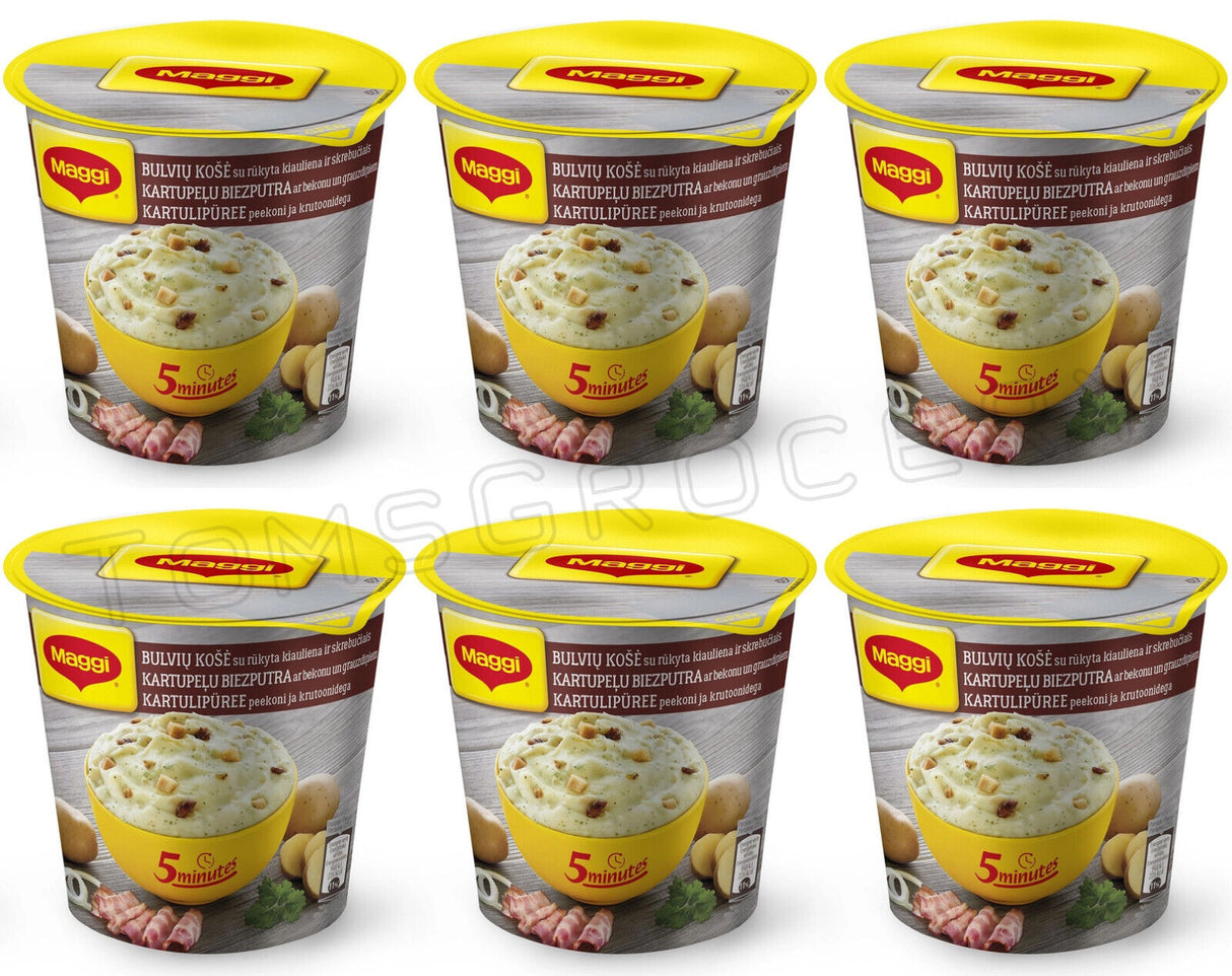 6 MAGGI BACON & CROUTONS Instant Mashed Potato Puree Quick Prep Buckets 53g