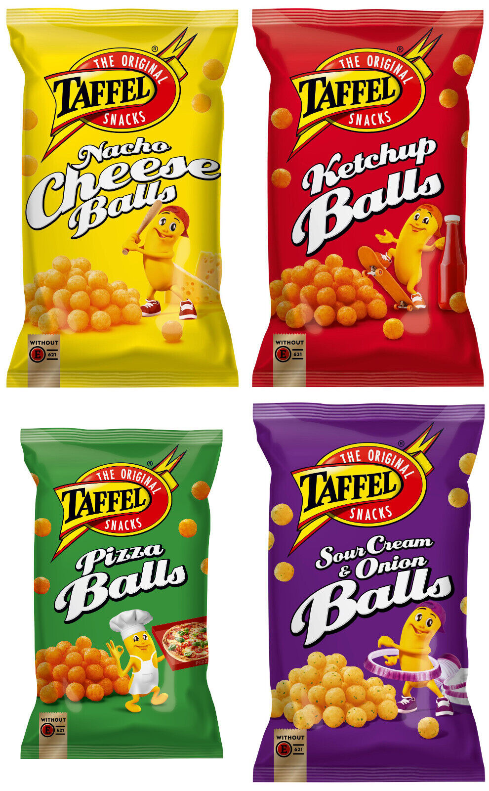4 TAFFEL SNACKS BUNDLE Nacho Cheese Ketchup Pizza Balls Chips Puffed Crisps