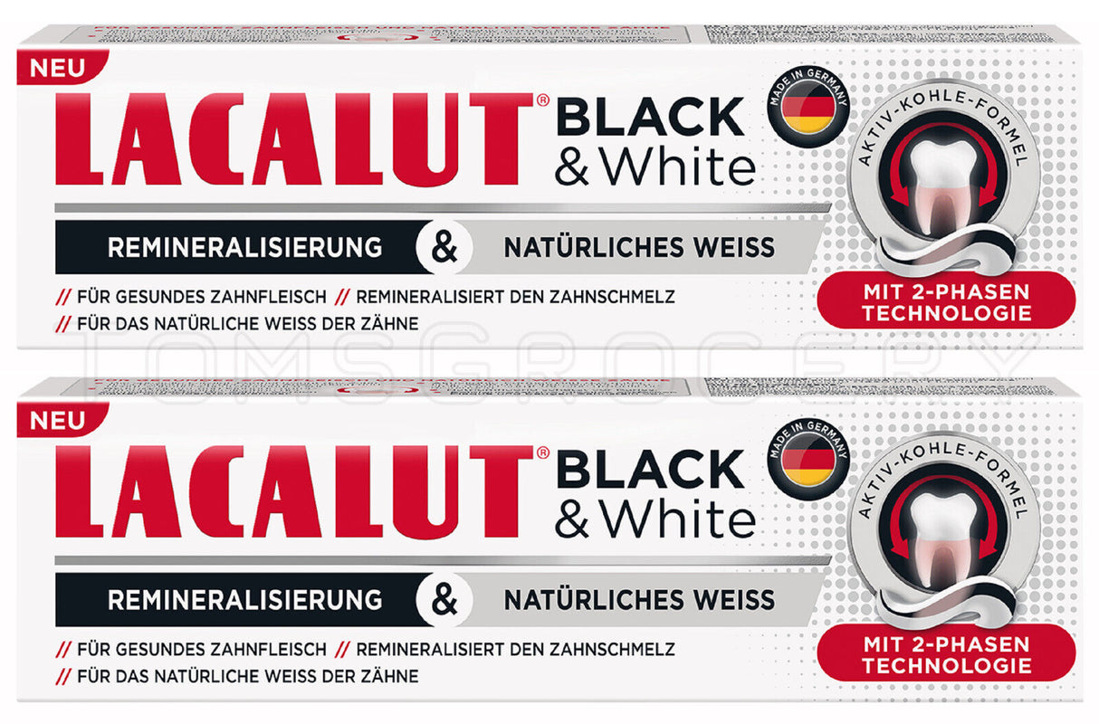 2 LACALUT BLACK & WHITE Daily Charcoal Whitening Toothpaste Made in Germany 75ml
