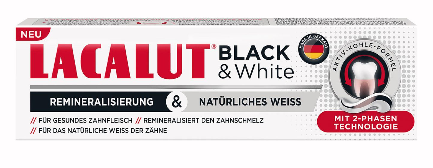 8 LACALUT BLACK & WHITE Daily Charcoal Whitening Toothpaste Made in Germany 75ml
