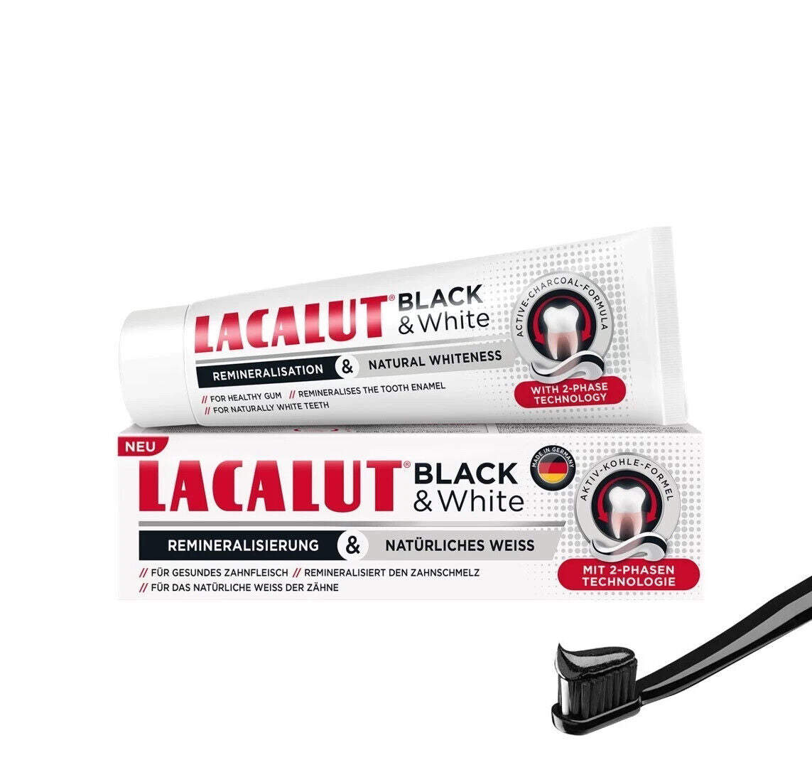 8 LACALUT BLACK & WHITE Daily Charcoal Whitening Toothpaste Made in Germany 75ml