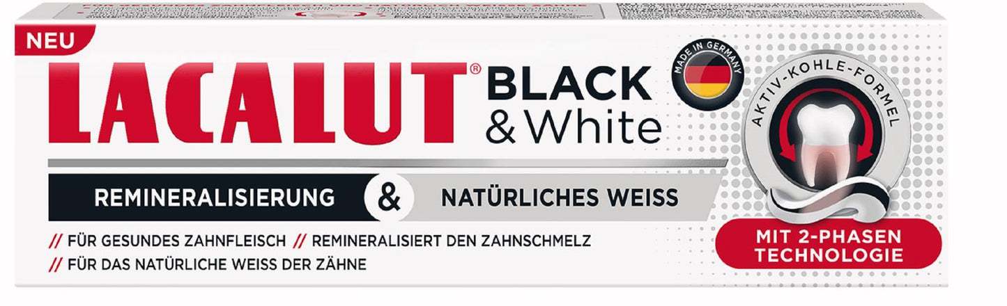 8 LACALUT BLACK & WHITE Daily Charcoal Whitening Toothpaste Made in Germany 75ml