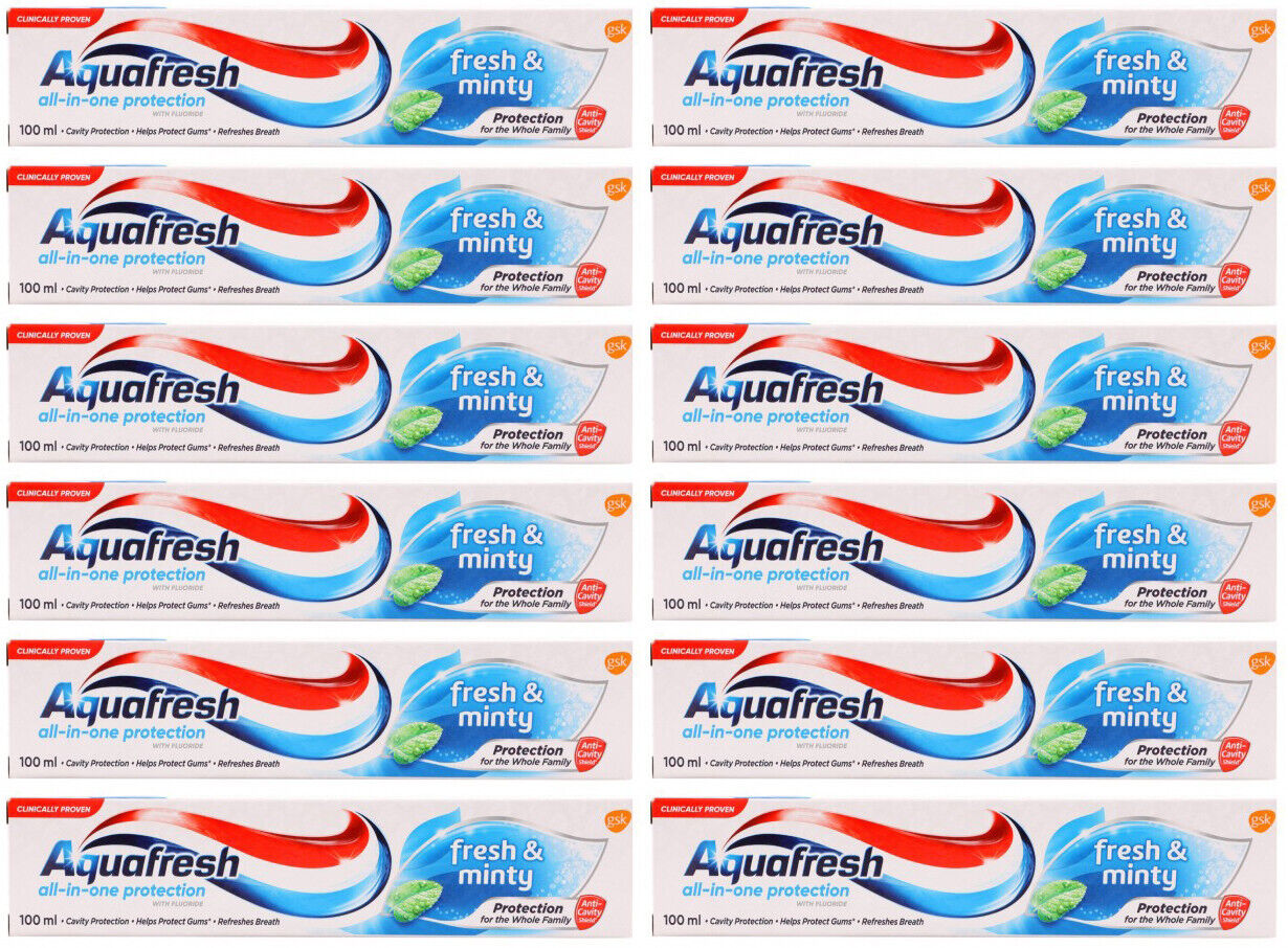 12 AQUAFRESH FRESH & MINTY All in One Protection Family Toothpaste 100ml