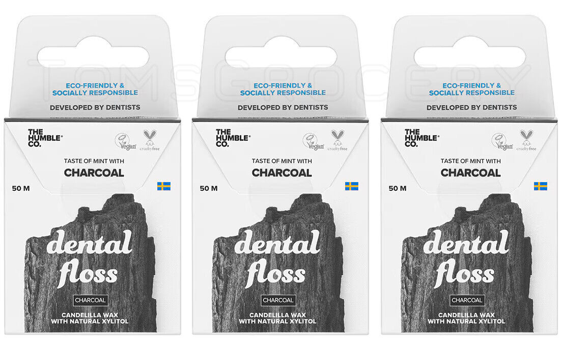 3 HUMBLE Charcoal Dental Floss with Candelilla Wax Mint Taste 50M