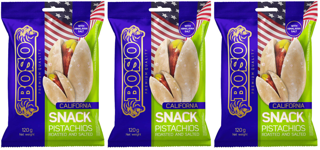 3 CALIFORNIA SNACK Pistachios Roasted and Salted Premium Quality Boso 120g 4.2oz
