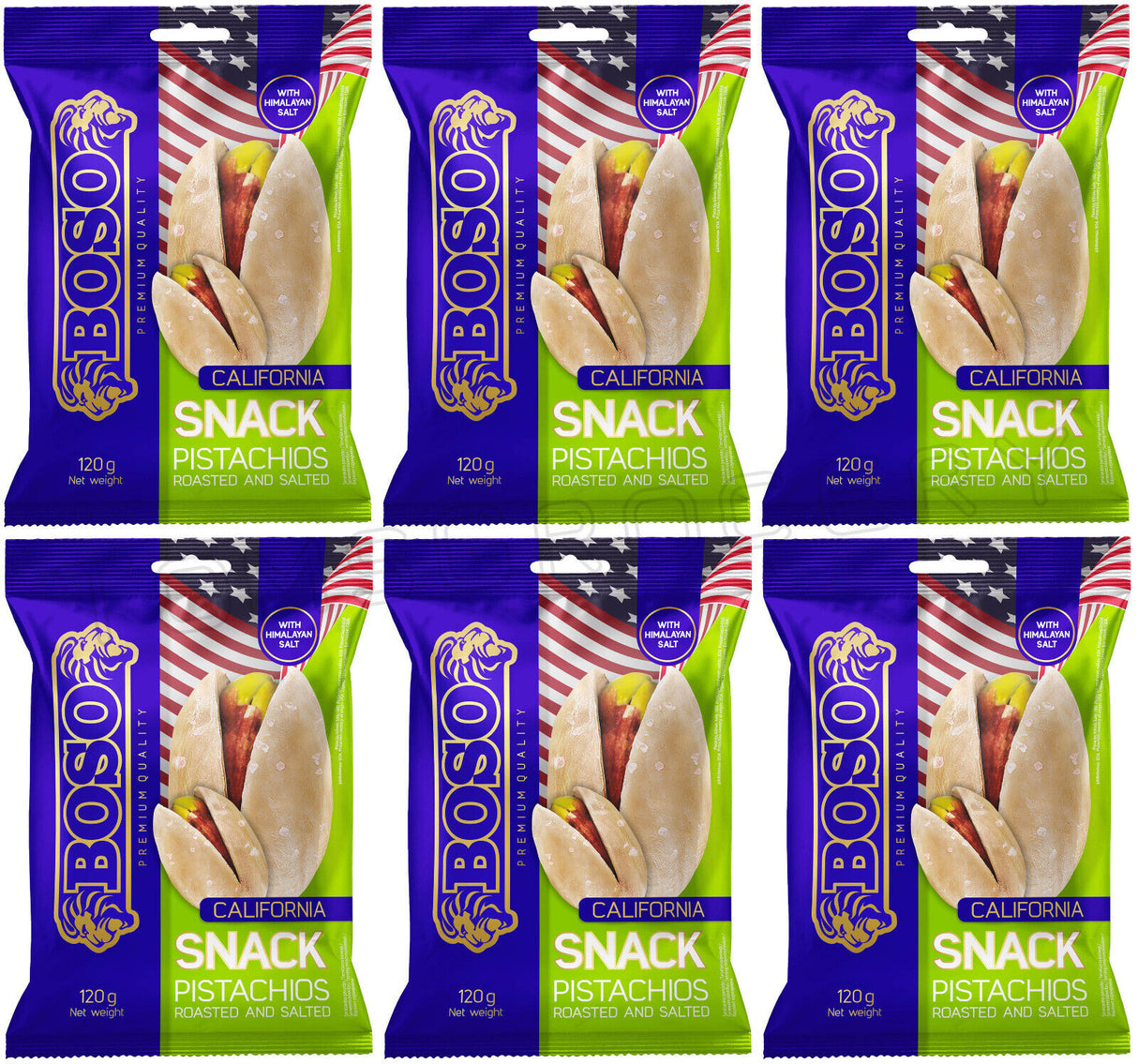 6 CALIFORNIA SNACK Pistachios Roasted and Salted Premium Quality Boso 120g 4.2oz