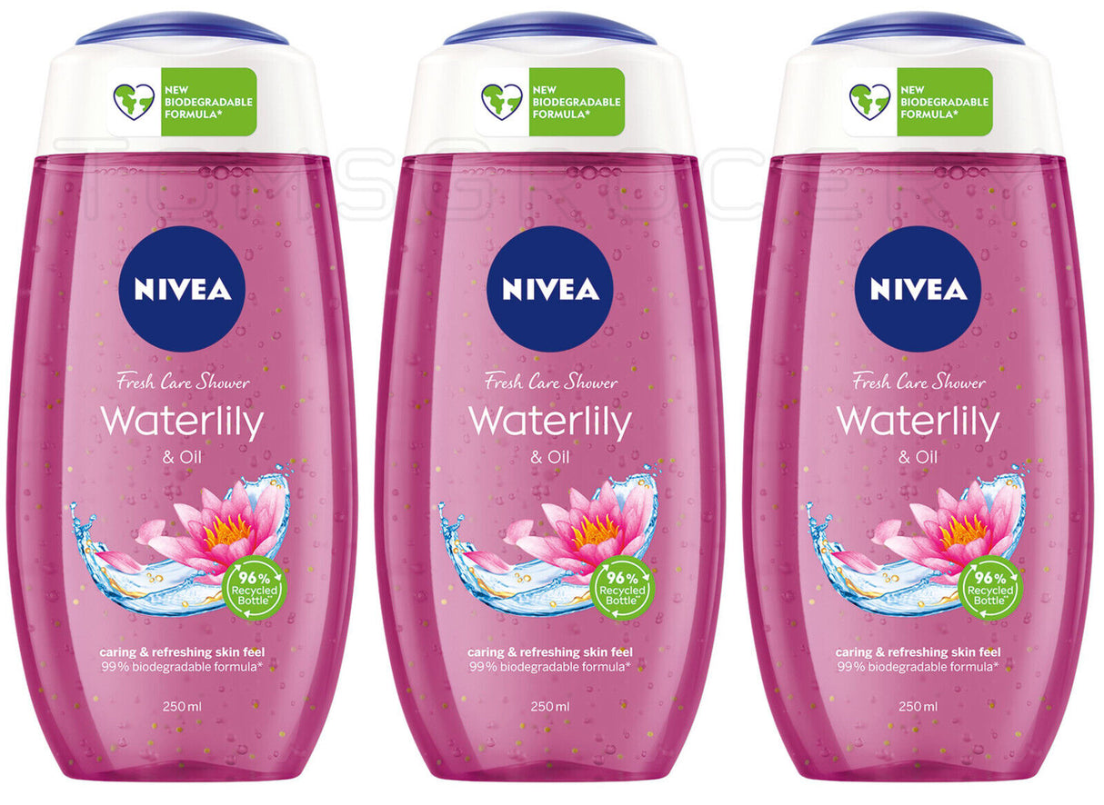 3 NIVEA Waterlily & Oil Caring & Refreshing Shower Gel Bottles 250ml 8.45 fl. oz