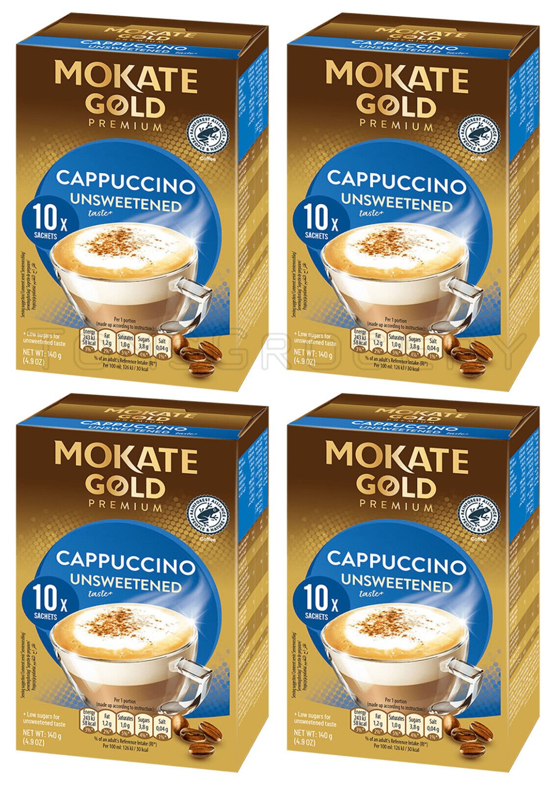 4 MOKATE GOLD PREMIUM CAPPUCCINO UNSWEETENED Instant Coffee Boxes 140g 5oz