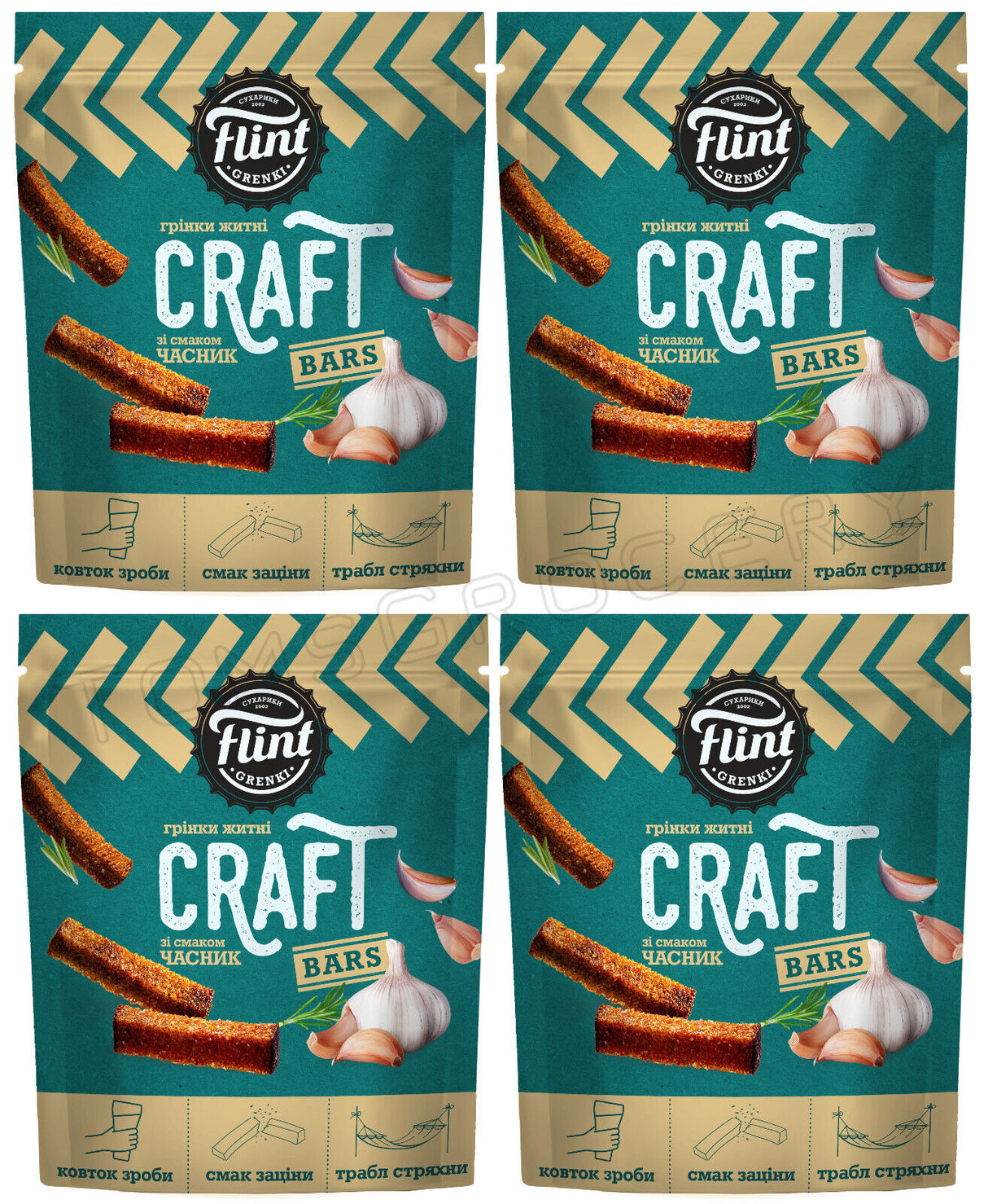 4 FLINT CRAFT GARLIC Bread Bars Baked Bread Crisps Beer Snacks 90g 3.1oz