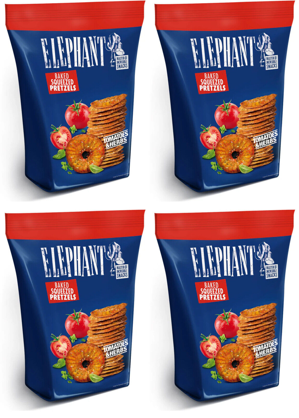 4 ELEPHANT Baked Squeezed Pretzels Tomatoes & Herbs Flavor Snacks 70g 2.5oz