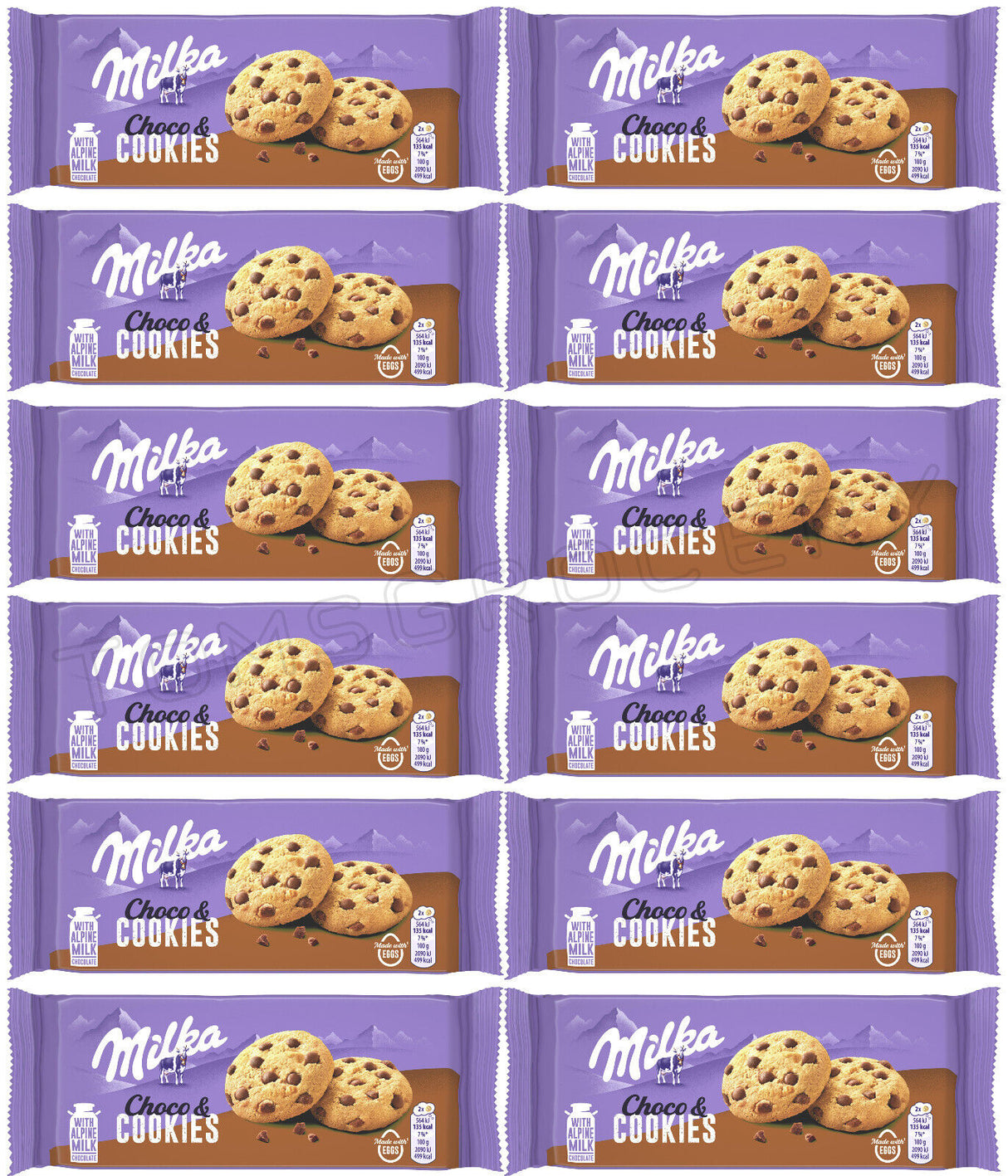 12 MILKA CHOCO COOKIES Crunchy Biscuits with Alpine Milk Chocolate Bits 135g