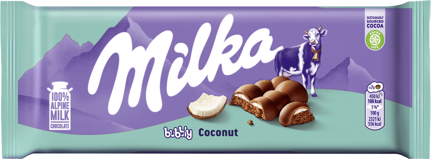 MILKA BUBBLY COCONUT Alpine Milk Chocolate Bar 97g 3.42oz