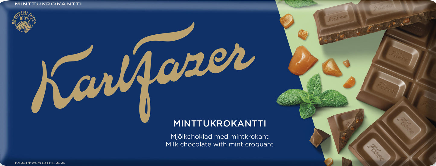 KARL FAZER Milk Chocolate Bar with Mint Cruoquant 180g 6.3oz