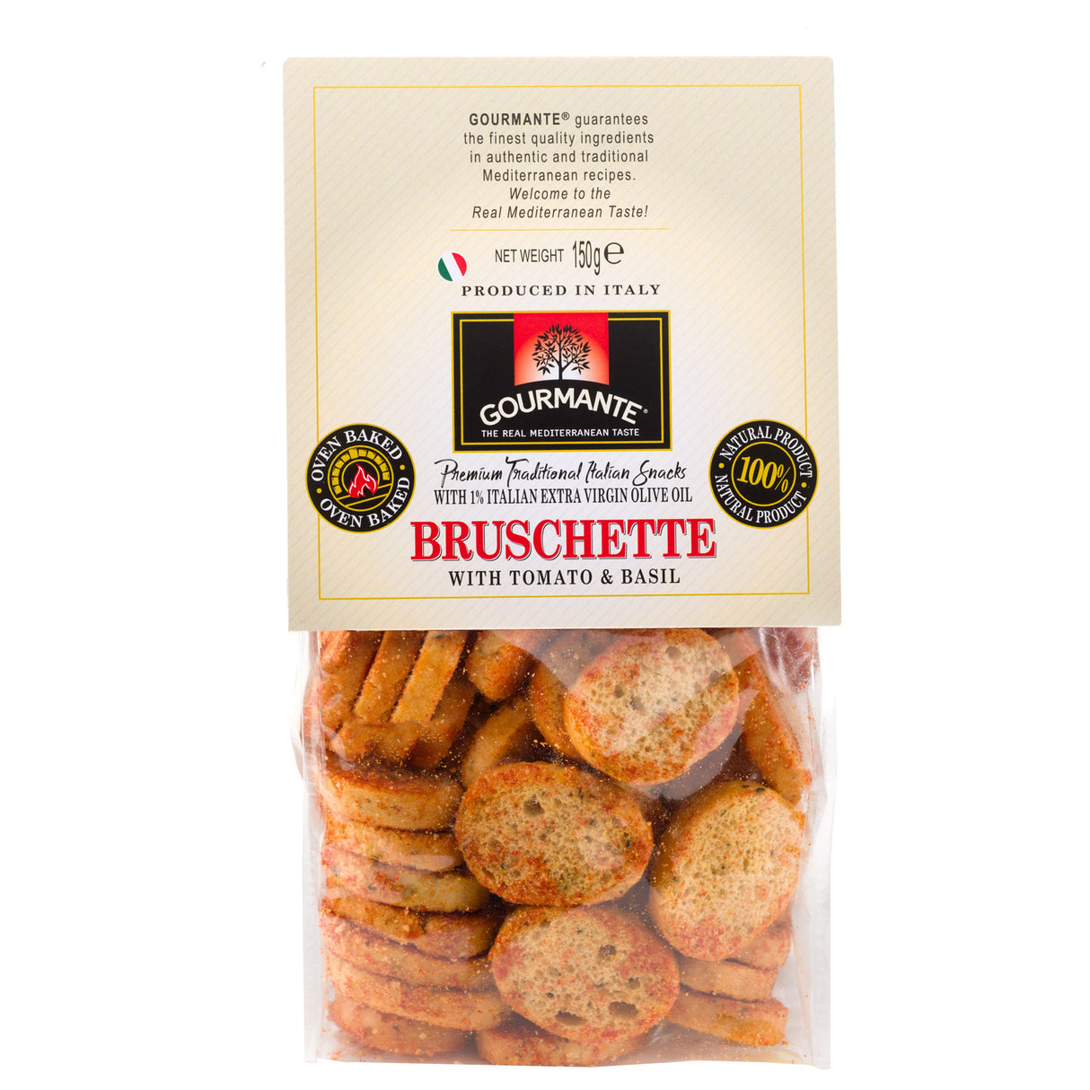 GOURMANTE Bruschette with Tomato & Basil Traditional Italian Bread Snacks 150g