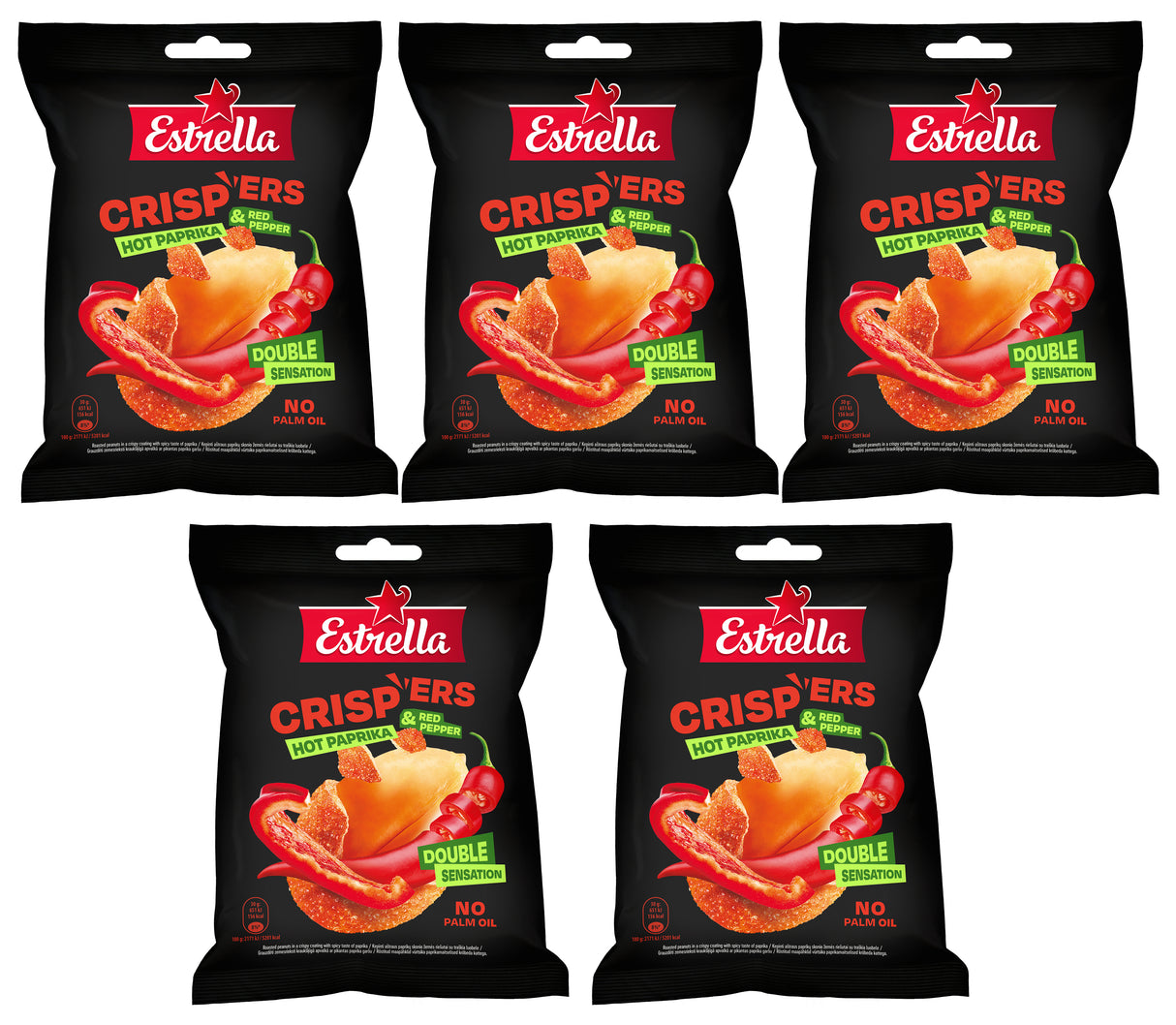 ESTRELLA CRISPERS Hot Paprika & Red Pepper Flavor Peanuts in Crunchy Coating 5 x 140g