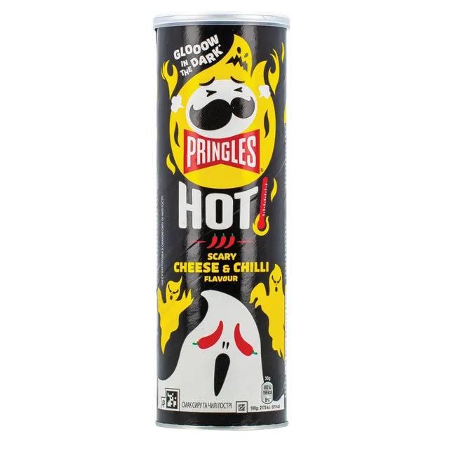 PRINGLES HOT SCARY CHEESE & CHILLI Flavor Potato Chips Glow in Dark Tube 160g