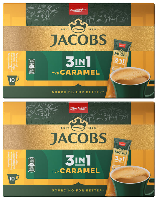 2 JACOBS CARAMEL 3in1 Instant Coffee 10 Sticks Boxes 112g 4oz