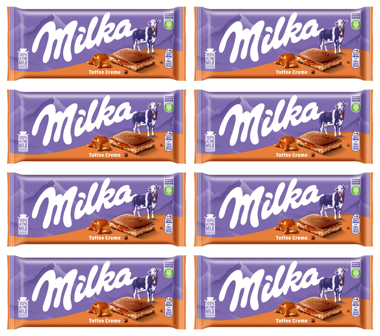 8 MILKA Alpine Milk Chocolate Bars with Toffee Creme Filling 100g