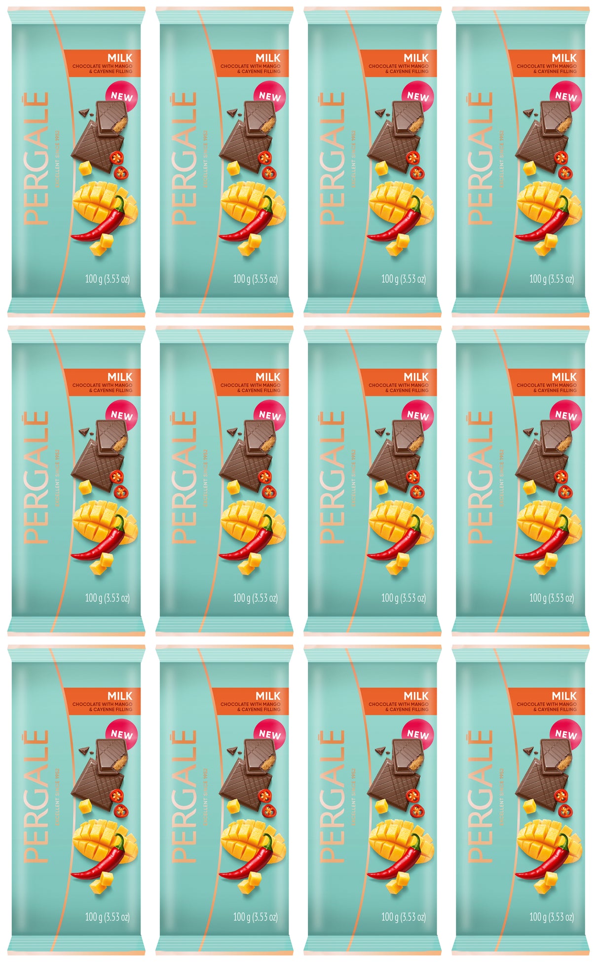 PERGALE Milk Chocolate Bars with Mango & Cayenne Filling 12 x 100g