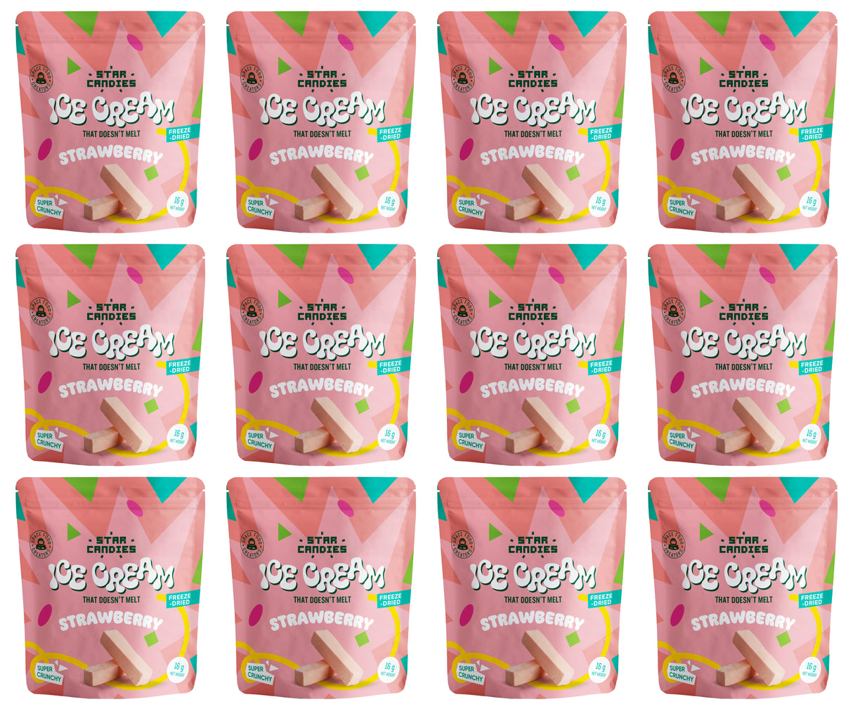 STAR CANDIES Freeze Dried Ice Cream Strawberry Flavor 12 x 16g