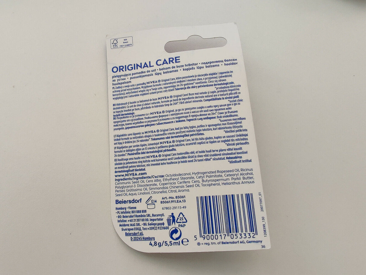 NIVEA Original Care Lip Balm with Natural Oils & Shea Butter 4.8g