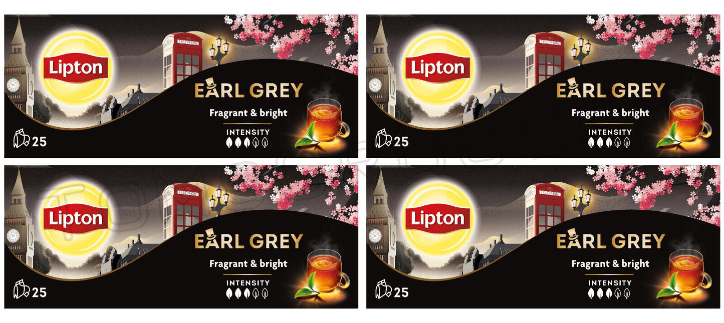 4 LIPTON EARL GREY Classic Black Tea Infusion 25 Teabag Boxes 37.5g 1.32oz