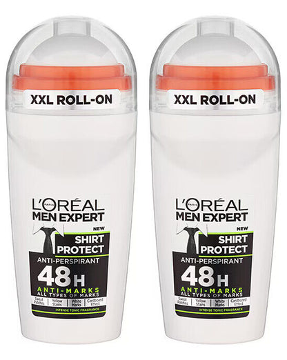 2 LOREAL MEN EXPERT SHIRT PROTECT XXL Roll On 48h Antiperspirant Bottles 50ml