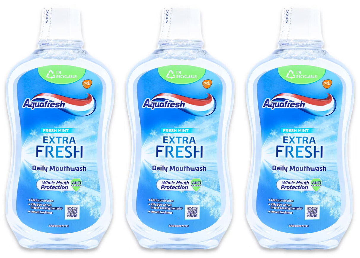 3 AQUAFRESH EXTRA FRESH Daily Mouthwash Bottles Fresh Mint Flavor 500ml