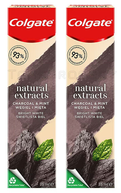 2 COLGATE NATURAL EXTRACTS CHARCOAL & MINT Daily Whitening Toothpaste 75ml