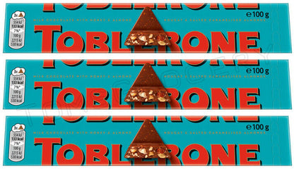 3 TOBLERONE CRUNCHY ALMONDS Swiss Chocolate Bars European Sweets 100g 3.5oz