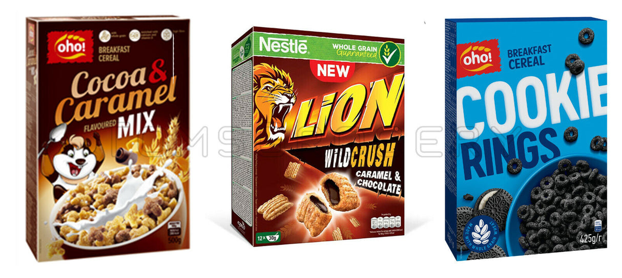 3 Breakfast Cereal Boxes Bundle Lion Wild Crush, Cookie Rings & Caramel Mix