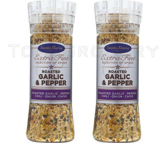 2 SANTA MARIA Roasted Garlic & Pepper Spice Mix Large Grinder 265g 9oz