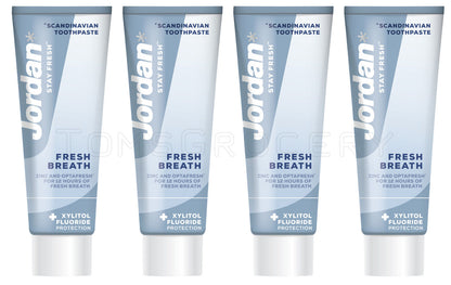 4 x JORDAN FRESH BREATH Xylitol & Fluoride Protection Daily Toothpaste 75ml
