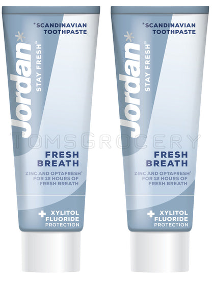 4 x JORDAN FRESH BREATH Xylitol & Fluoride Protection Daily Toothpaste 75ml