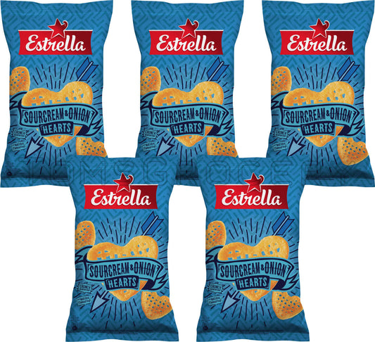 5 x ESTRELLA Sour Cream & Onion Hearts Crunchy Chips Snacks Crisps 110g 3.9oz