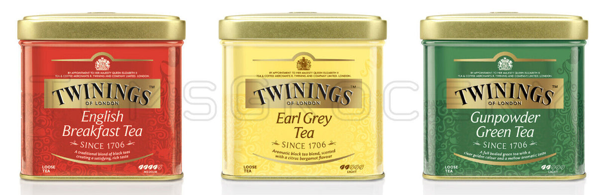 TWININGS Loose Tea Bundle English Breakfast, Earl Grey & Gunpowder Green Tea 3 x 100g