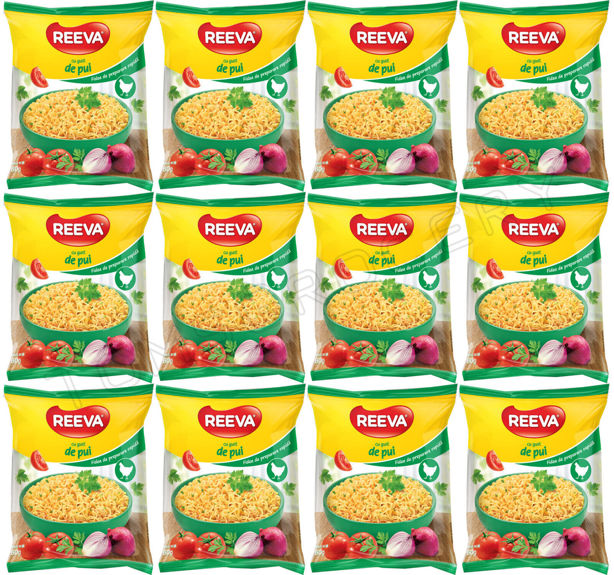 12 REEVA Chicken Flavor Instant Ramen Noodle Soup Snacks (Rollton) 60g 2.2oz