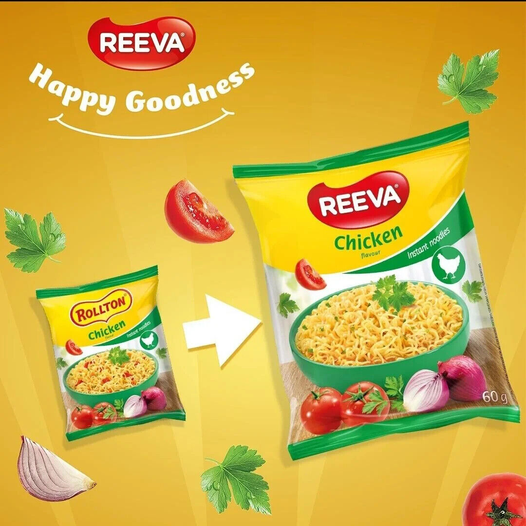 12 REEVA Chicken Flavor Instant Ramen Noodle Soup Snacks (Rollton) 60g 2.2oz