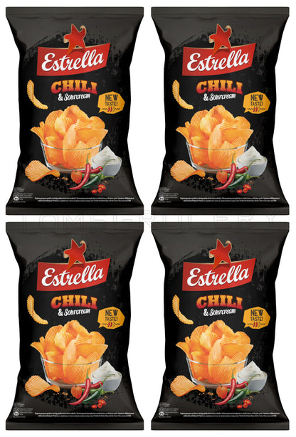 4 x ESTRELLA CHILI & SOUR CREAM Flavour Potato Chips European Snacks 130g