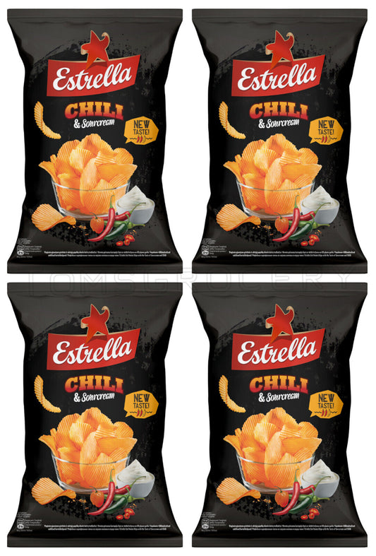 4 x ESTRELLA CHILI & SOUR CREAM Flavour Potato Chips European Snacks 130g