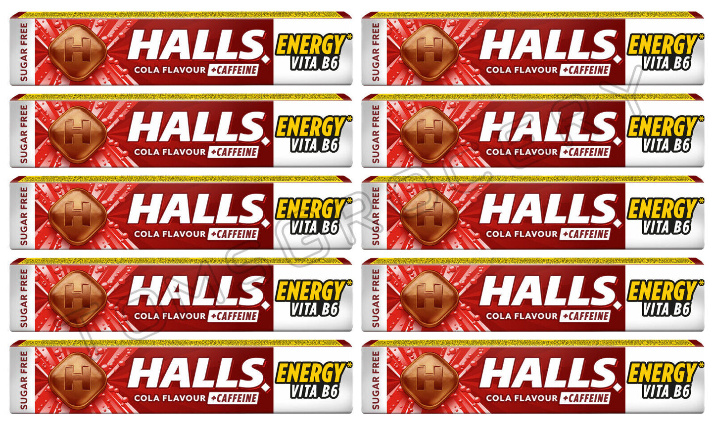 10 x HALLS ENERGY CAFFEINE Cola Flavor Pastilles Refreshing Candy 32g 1.1oz