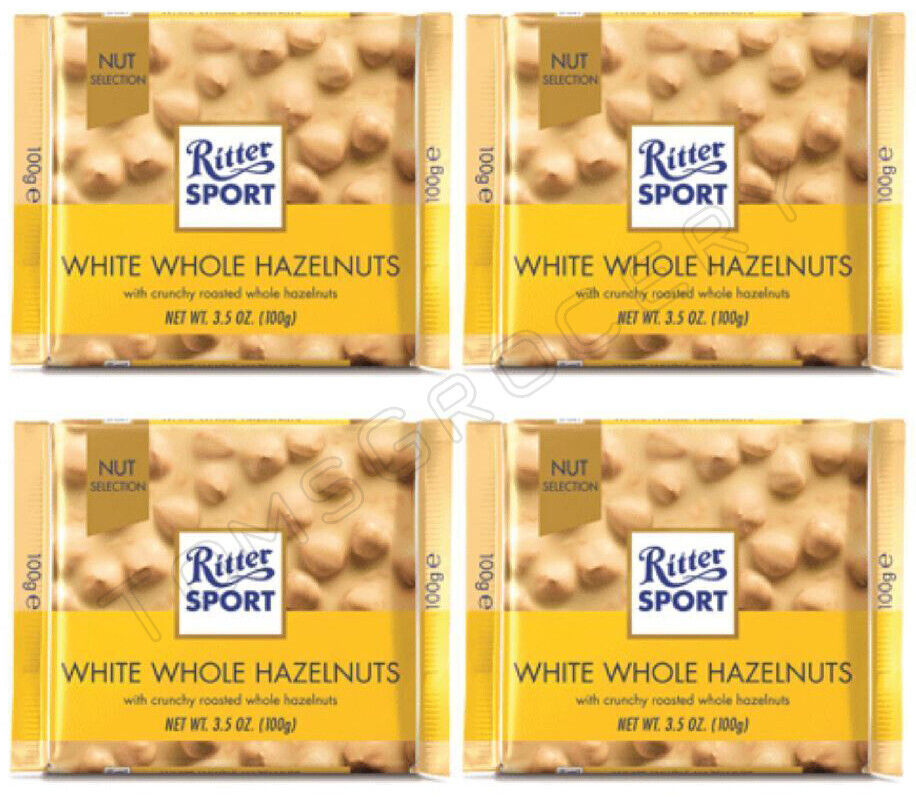 4 RITTER SPORT White Whole Hazelnuts German Chocolate Bars Sweets 100g 3.5oz