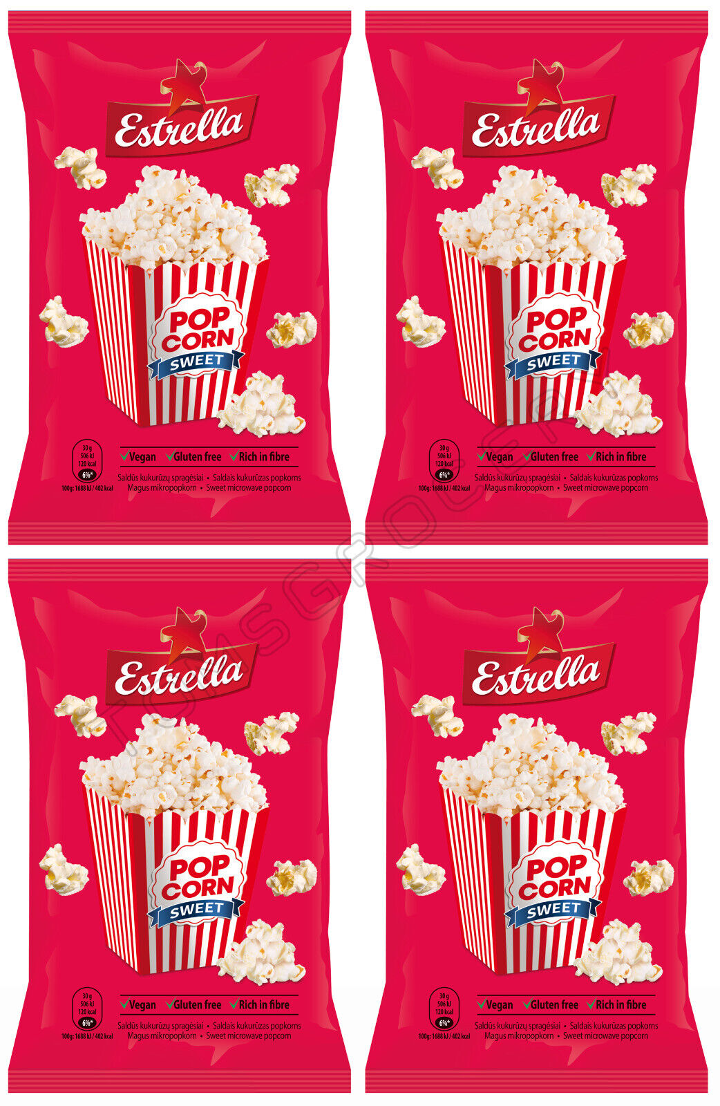 4 ESTRELLA POPCORN SWEET Sugar Flavor Microwave Ready Bags 90g 3.18oz